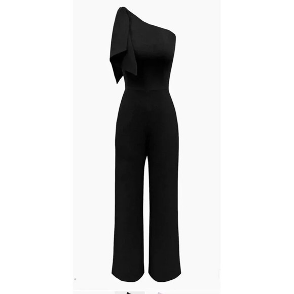 NWT DRESS THE POPULATION Tiffany Jumpsuit black One Shoulder Bow Wide Leg Medium - Picture 4 of 11